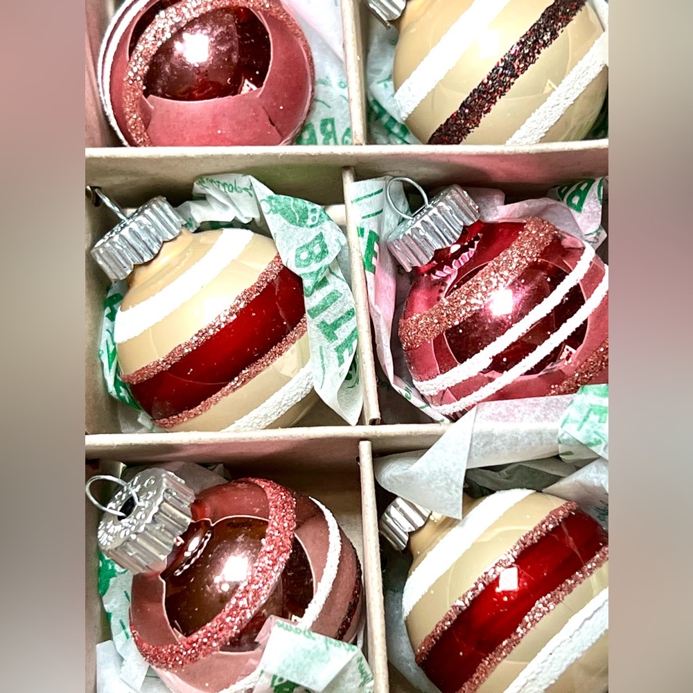 20 Christmas Radko Glass Ball Ornaments Burgundy Beige White Pink Glitter Stripe - Picture 6 of 15